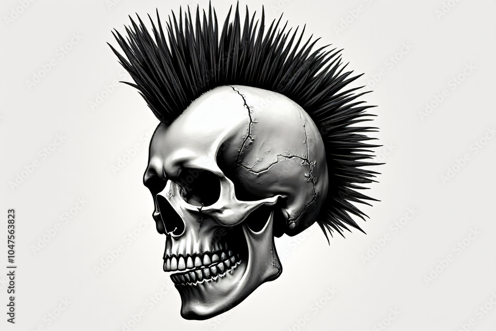 Poster bold human skull spiked mohawk black white image created using scratch board generative ai raster il