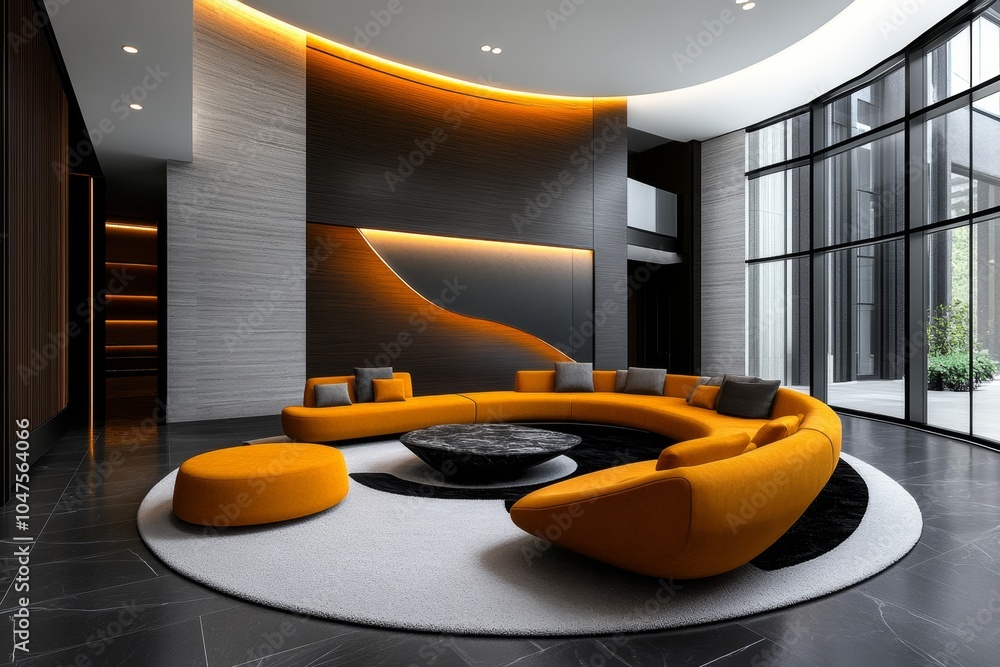 Poster abstract minimalist depiction of a communal lounge with simple lines representing furniture and ligh