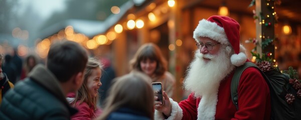 Obraz premium Santa Claus Taking a Photo with Happy Children at Christmas Market, Festive Holiday Season Concept.