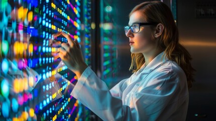 Genetics Expert Analyzing Digital DNA Sequence, Stock genetics specialist engaged in advanced research, highlighting intricate DNA patterns in a cutting-edge laboratory setting