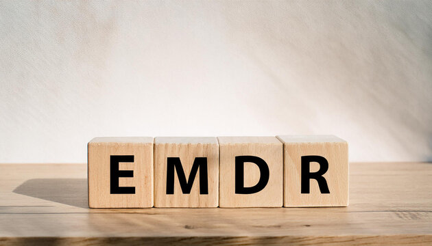 Wood cubes with abbreviation EMDR on table. Eye Movement Desensitization and Reprocessing.