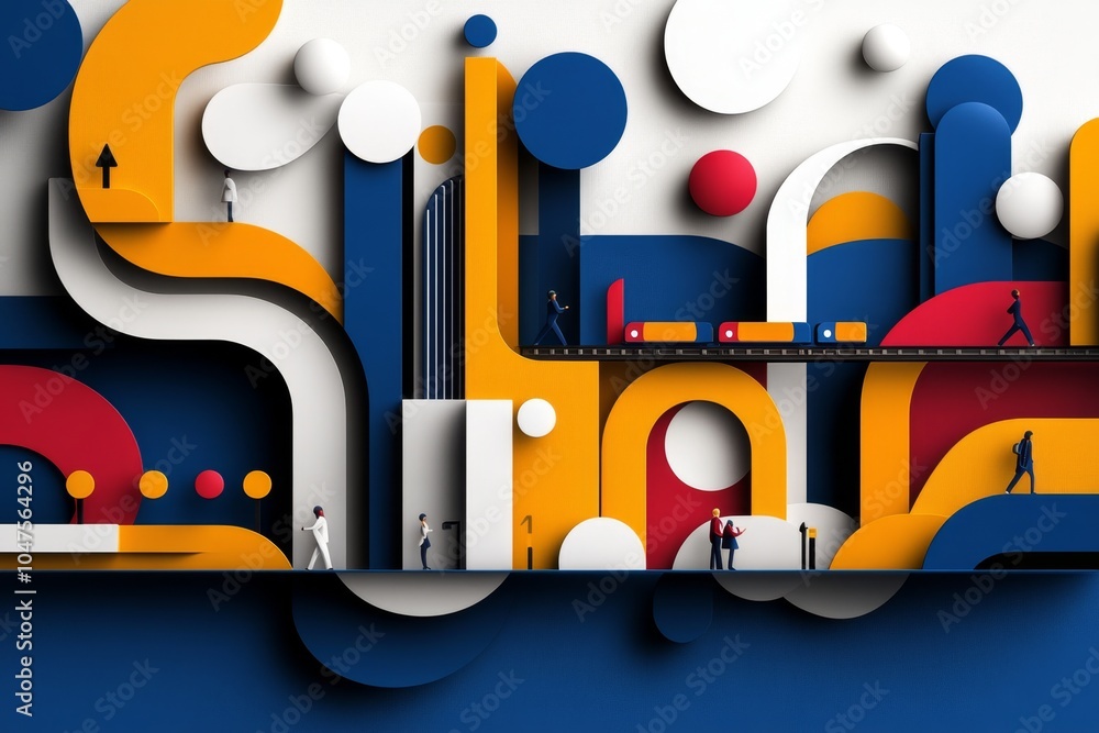 Poster abstract minimalist depiction of a subway commute, with simple shapes representing trains, tracks, a