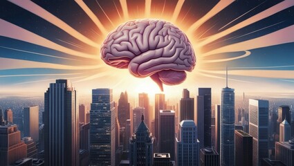 Mind Over Matter: A Brain Casting Light Beams Across the City, Symbolizing the Influence of Intellect on Urban Development