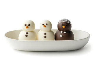 A trio of adorable snowman-shaped chocolate cake