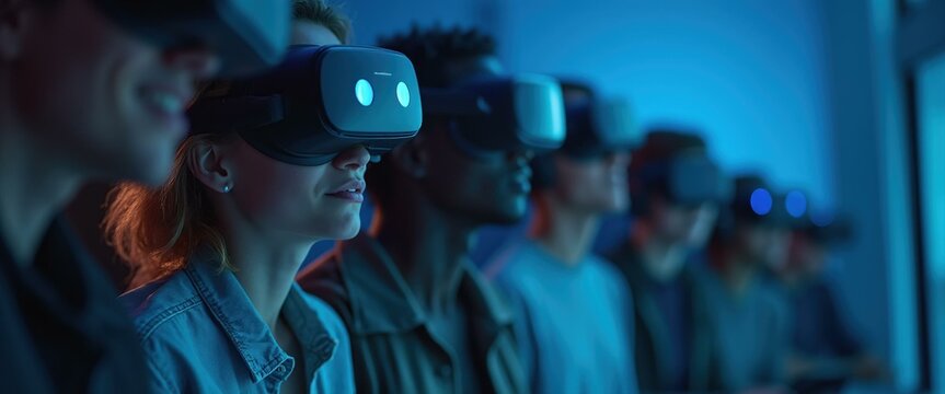 Group of diverse people wearing VR headsets, experiencing immersive virtual reality technology, futuristic concept.