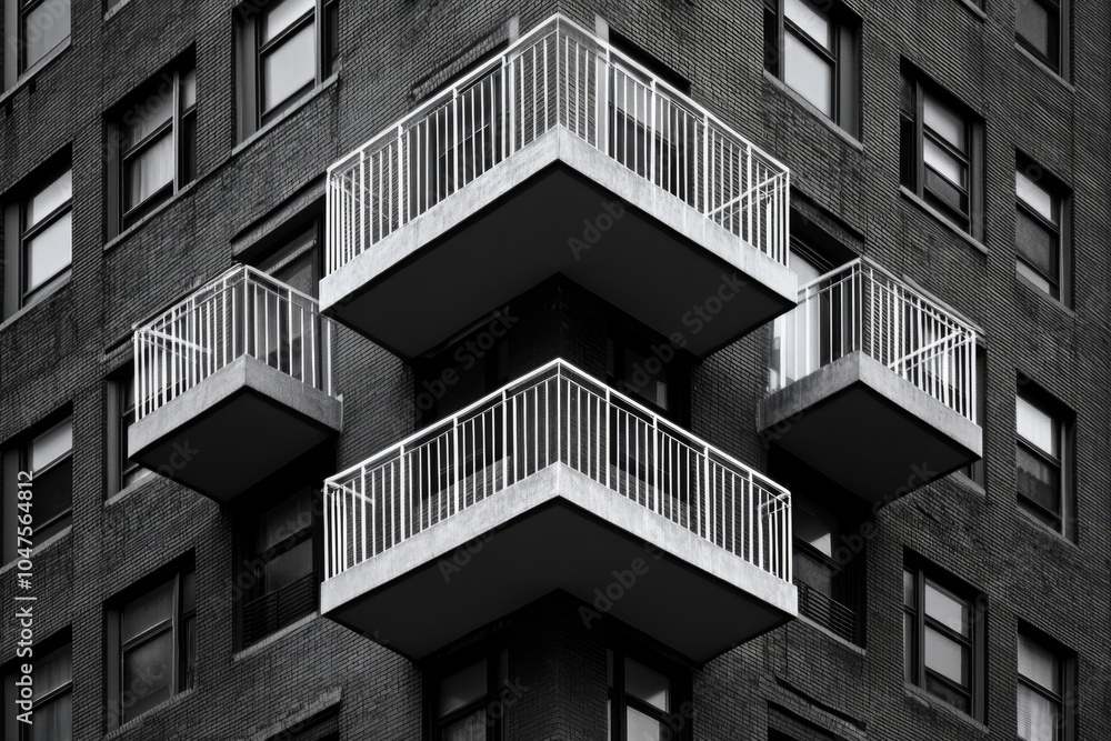 Poster Geometric design of a modern apartment building, with clean, sharp lines representing the simplicity of contemporary architecture, symbolizing the balance of form and function
