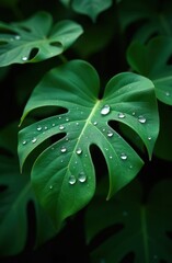 Fototapeta premium A close-up view of vibrant green leaves adorned with delicate dew drops.