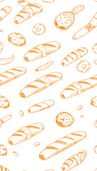 Seamless pattern background sketch of bakery products - bread, baguette Design element for for textiles, advertising, brochures, menu on white isolated with white highlights, png