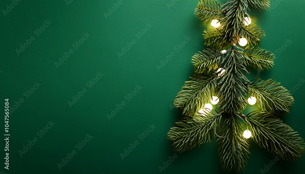 Poster lights are arranged around christmas tree on a green background with flat lay space availab_1(467)