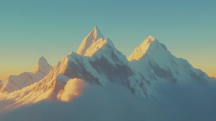 A breathtaking view of snow-capped mountain peaks bathed in the golden light of sunrise, with a clear blue sky. Snow-Capped Peaks. Illustration