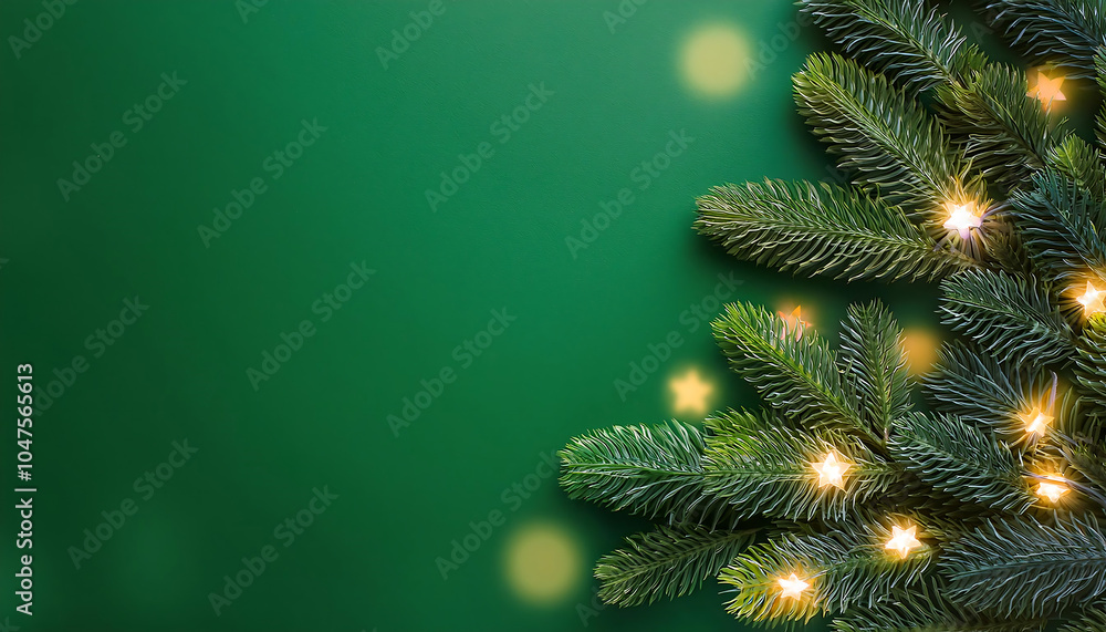 Poster lights are arranged around christmas tree on a green background with flat lay space ava_1(468)
