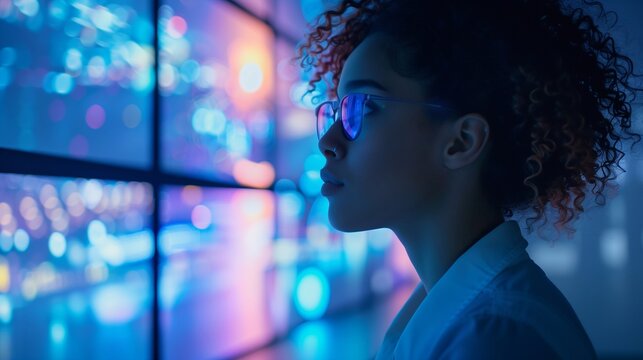 A woman is immersed in deep thought while participating in a video call surrounded by bright lights