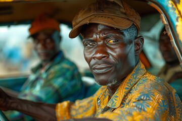 Fototapeta premium Two African drivers engage in conversation while sitting in their vehicle under clear skies
