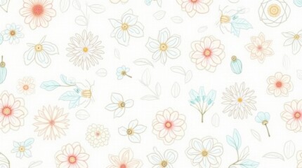 A floral pattern background adorned with intricate and delicate flower illustrations in soft shades of pink and blue, creating a serene and elegant design.