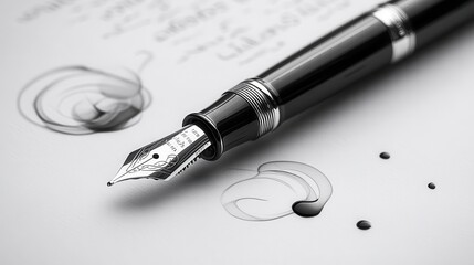 Fototapeta premium classic fountain pen positioned elegantly on a handwritten document, ink swirling subtly on the paper, conveying a sense of sophistication and the art of writing