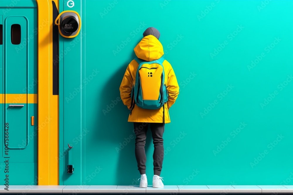 Poster Minimalist depiction of a person standing at a bus stop, with clean lines representing the simplicity of public commuting, symbolizing patience and routine, showcasing calm and structure