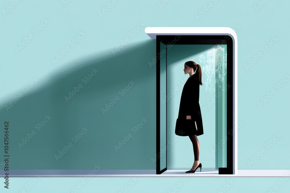 Poster Minimalist depiction of a person standing at a bus stop, with clean lines representing the simplicity of public commuting, symbolizing patience and routine, showcasing calm and structure