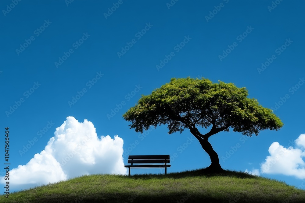 Poster Minimalist depiction of a park bench under a tree in a quiet neighborhood, with clean, open spaces and simple forms, symbolizing serenity and space in urban design