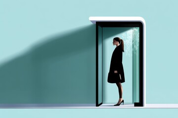 Fototapeta premium Minimalist depiction of a person standing at a bus stop, with clean lines representing the simplicity of public commuting, symbolizing patience and routine, showcasing calm and structure