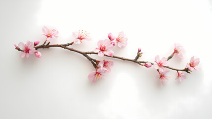 Obraz premium A delicate branch of cherry blossoms arranged on a clean white background, showcasing the beauty of spring blooms in soft pink hues. Cherry Blossom Grove. Illustration