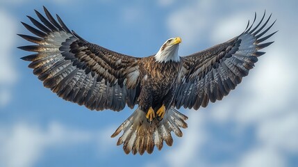 Obraz premium clipart of a majestic bald eagle soaring through a clear blue sky, wings spread wide, symbolizing freedom and strength against a simple white background