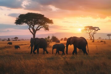 Fototapeta premium Elephants traverse the golden savanna under a vibrant sunset, highlighting their majestic presence in the African wilderness. Generative AI