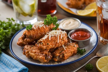 Parmesan Garlic Chicken Wings with Dipping Sauces and Fresh Herb Garnish