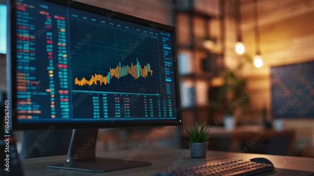 Poster data analysis workspace with trading charts and financial graphs in a modern office setup during eve