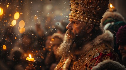 A man in royal attire lights a candle during Epiphany festivities with others around