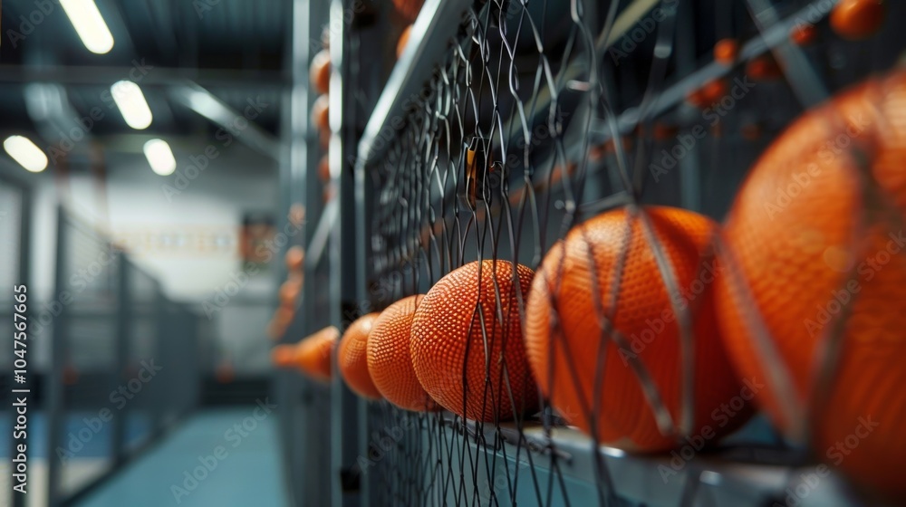 Poster orange dodgeball balls are neatly placed on a shelf in a row, waiting for players to start the game.