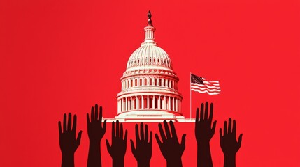 A minimalist design featuring the Capitol dome and White House, with the flag flying above and shadows of hands holding beneath, representing peace and unity.