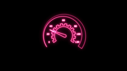 Abstract speed meter or indicator neon glowing conceptual magenta red color 4k illustration. Car dashboard speed rpm meter icon concept on black background.