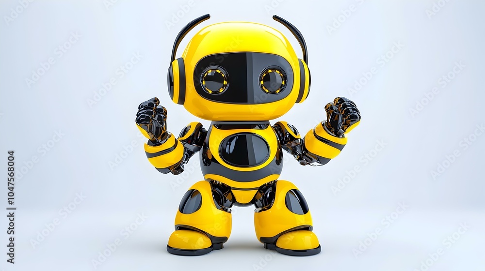 Poster dynamic robot character executing an energetic dance move, showcasing intricate mechanical design an