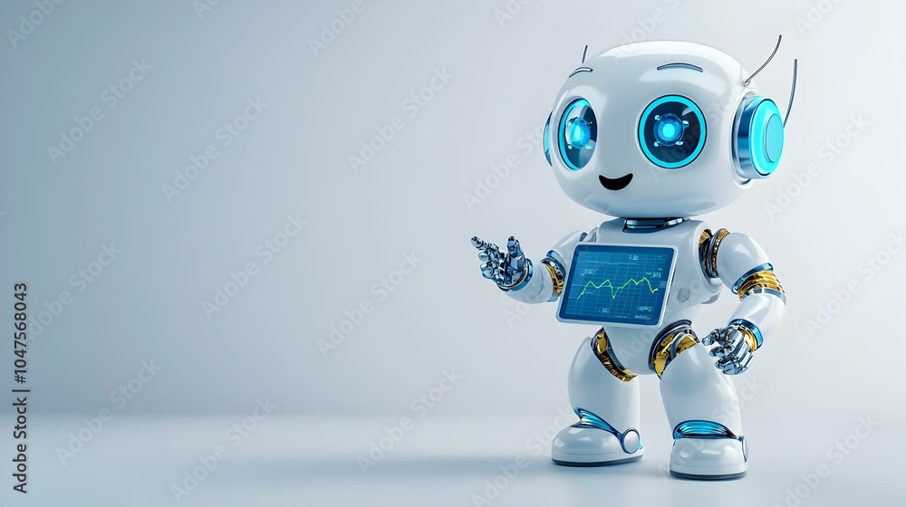 Poster 3d robot analyst engaging with data visualization, a futuristic robot character showcases an interac