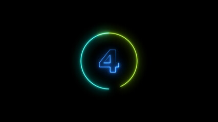 Abstract glowing neon light countdown timer royal blue 4k illustration. countdown icon four on black background.