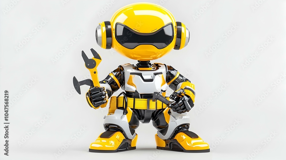 Poster 3d robot mechanic, a futuristic robot character equipped with a toolbelt, poised for action in a vib