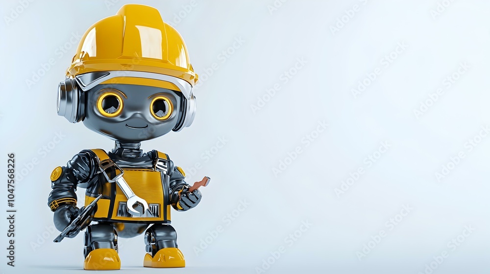 Aufkleber 3d robot character equipped with a toolbelt, poised for action, showcasing intricate mechanical desi