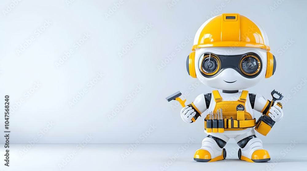 Poster inventive robot character equipped with a toolbelt, poised for action, showcasing a blend of technol