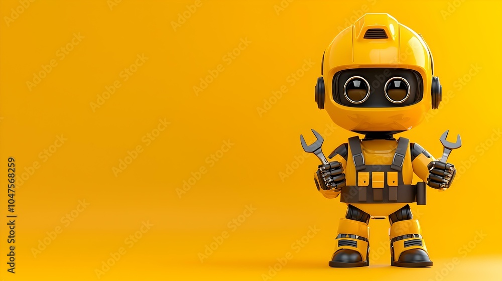 Poster 3d robot mechanic, a futuristic robot character equipped with a toolbelt, stands poised for action i
