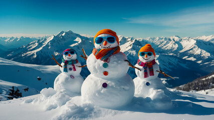 AI-generated images of a snowman vacationing with his family on the ski slopes
