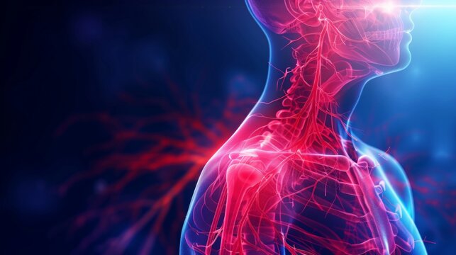 Thoracic Outlet Syndrome Illustration, detailed representation of nerve and artery compression in the shoulder area, highlighting symptoms and anatomical structures involved