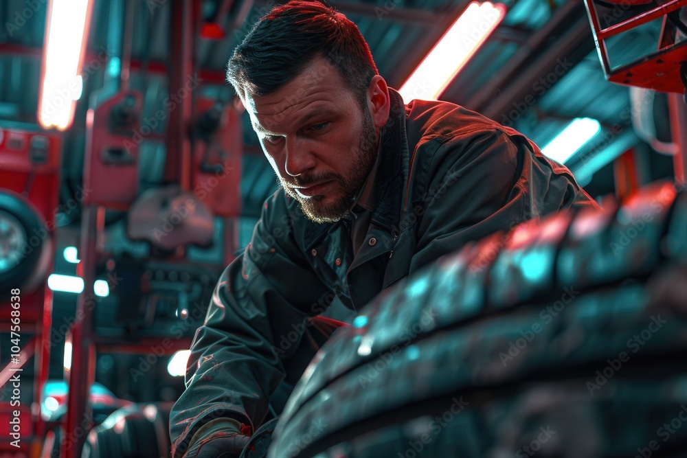 Poster a skilled mechanic is focused on changing a tire in a brightly lit shop, surrounded by tools and equ
