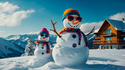Obraz premium AI-generated images of a snowman vacationing with his family on the ski slopes