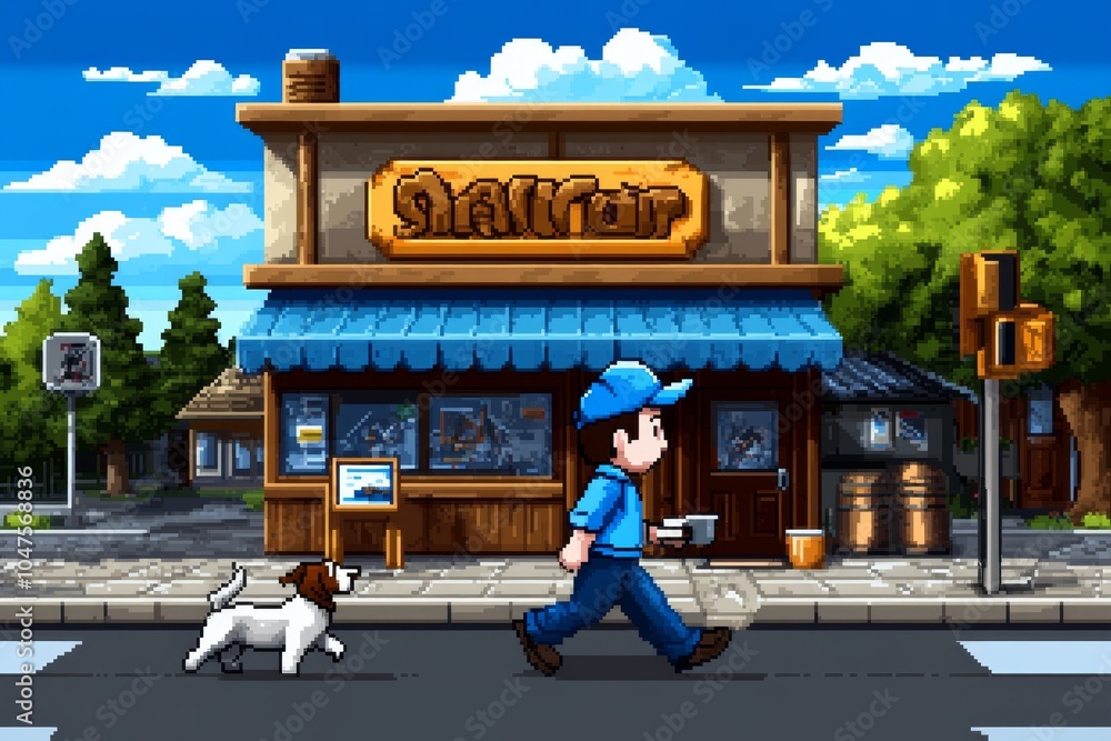 Poster pixel art of a simple, retro-inspired daily routine with pixelated figures enjoying a morning coffee
