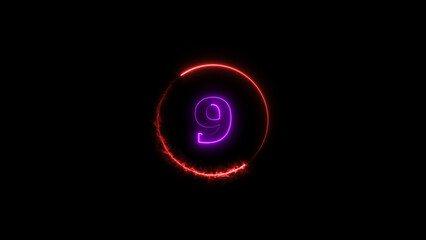 Abstract glowing neon light countdown purple 4k illustration. countdown icon red color circle on black background.