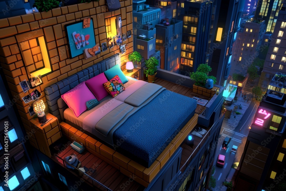 Poster pixel art of a small apartment with colorful furniture and pixelated windows overlooking a retro cit