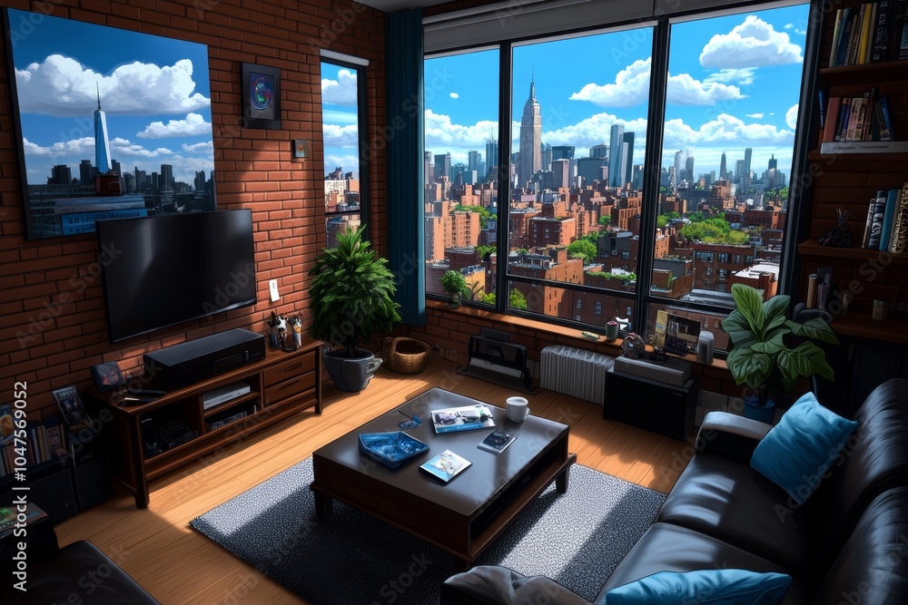 Poster pixel art of a small apartment with colorful furniture and pixelated windows overlooking a retro cit