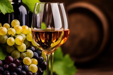 Fototapeta premium A glass of white wine sits among fresh grapes, with a dark bottle and wooden barrel in the background, creating an inviting atmosphere for wine enthusiasts.
