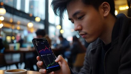 Young man analyzing stock market trends on his smartphone while seated in a bustling coffee shop - Powered by Adobe