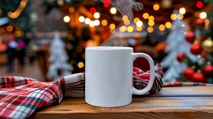 White ceramic coffe mug mockup on wooden table with red plaid blanket Christmas tree lights bokeh decorations, festive holiday product placement template